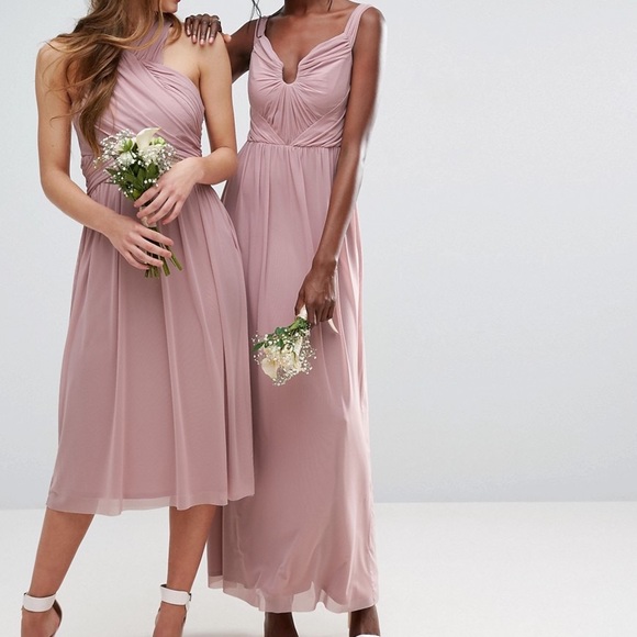 ASOS WEDDING Ruched Meshed Bardot Maxi dress - Dusty Pink - Size US 10 - Picture 6 of 6